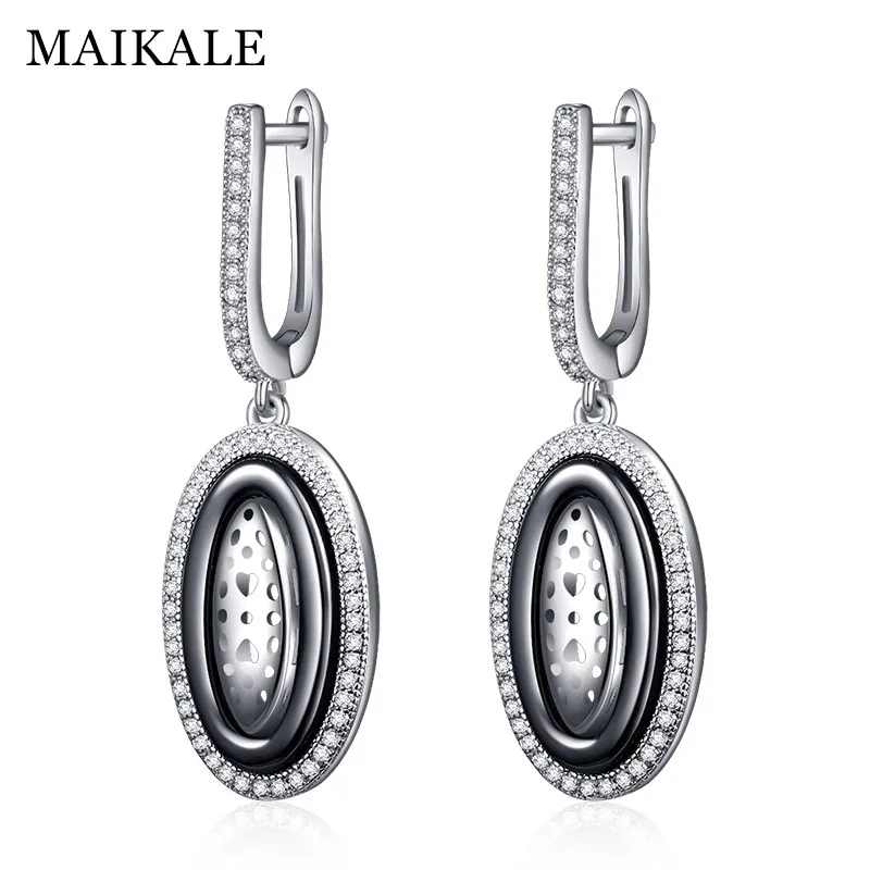 MAIKALE, трендовые, Круглые, черные, белые, керамические Висячие серьги для женщин, серебряный цвет, полые, сердце, кубический цирконий, висячие серьги, подарки