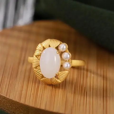 

Hetian Jade Gold Inlaid with Jade Open Ring S925 Sterling Silver White Jade Ring Adjustable to Give Mom Mother's Day Gift for Wo