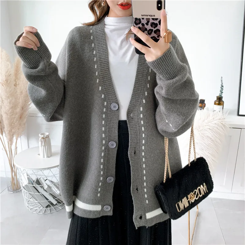 

[ZAYAU]Autumn College Style Contrast Color V-Neck Coat women's Dotted Line Literary Loose Cardigan Long Sleeve Sweater