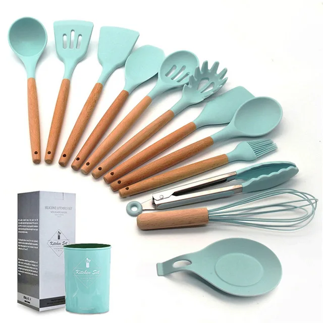 13 Pcs Kitchen Set 8-12 шт., кухонный комплект Силиконовые Пособия по кулинарии посуда с антипригарным покрытием шпатель с деревянной ручкой с деревянный ящик для хранения Пособия по кулинарии инструменты Кухонные принадлежности - Цвет: 13 Pcs Kitchen Set