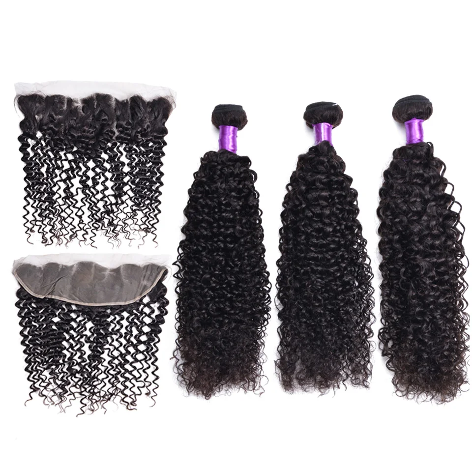 Вьющиеся человеческие волосы 3 пряди с фронтальным закрытием малазийские не Реми