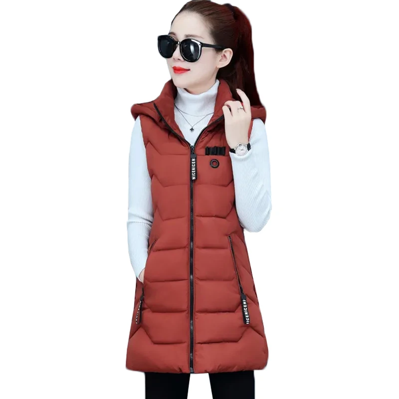 

New Plus Size Women's Vest Winter Jacket Women Solid Mid Long Hooded Casual Cotton Sleeveless Vest Female Winter Vest Waistcoat