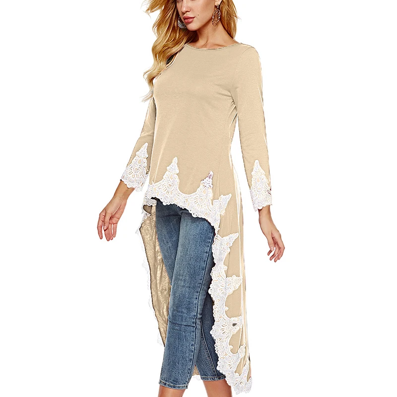 Модное осеннее платье-рубашка с длинным рукавом кружевное неравномерное женское