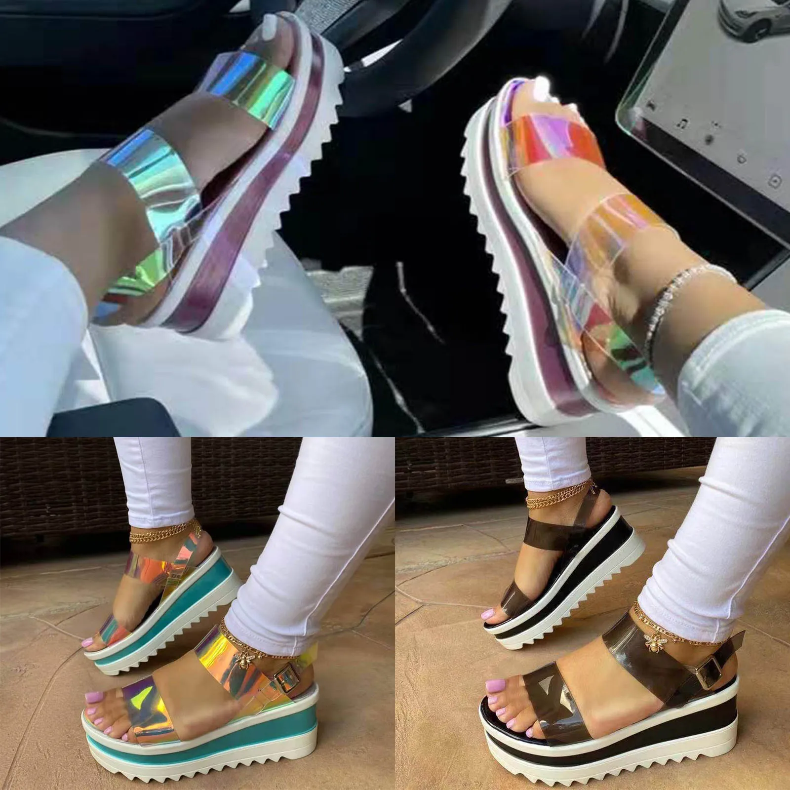 

2021 Women's Fashion sandals One-Word Buckle Transparent Belt Open Toe Platform Casual Summer Female Beach Sandals Shoes #40
