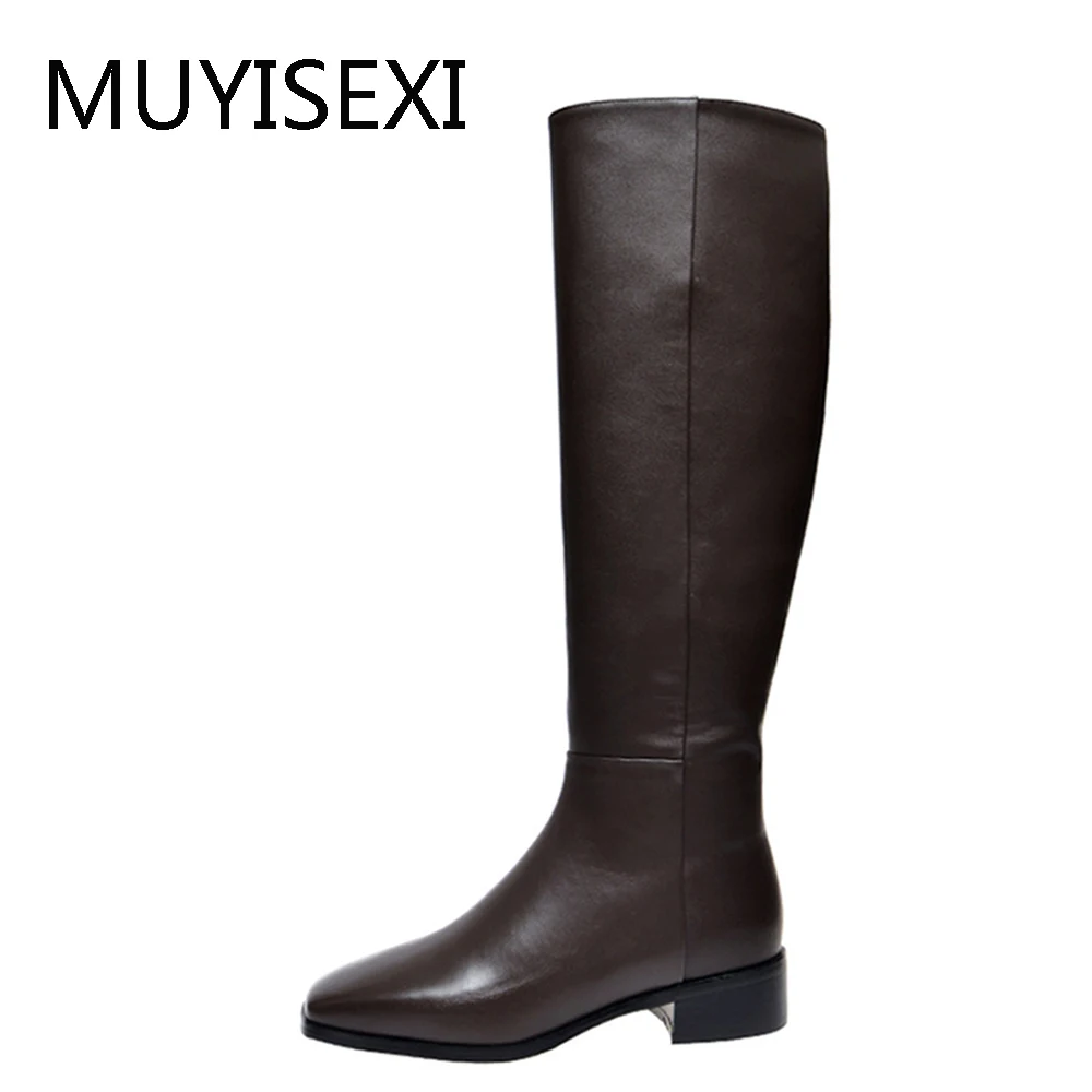 

Boots Military Square Toe 3cm Low Square Heel Shoes Womens Winter Knee High Boots Genuine Leather Brown Black XL13 MUYISEXI