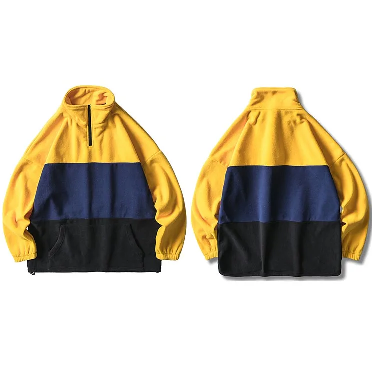 A46V9256 Yellow Ретро винтажная Куртка хип хоп Уличная Мужская Harajuku цветной модульный пуловер куртка Половина на молнии осень зима флисовая куртка, пальто - Цвет: A46V9256 Yellow