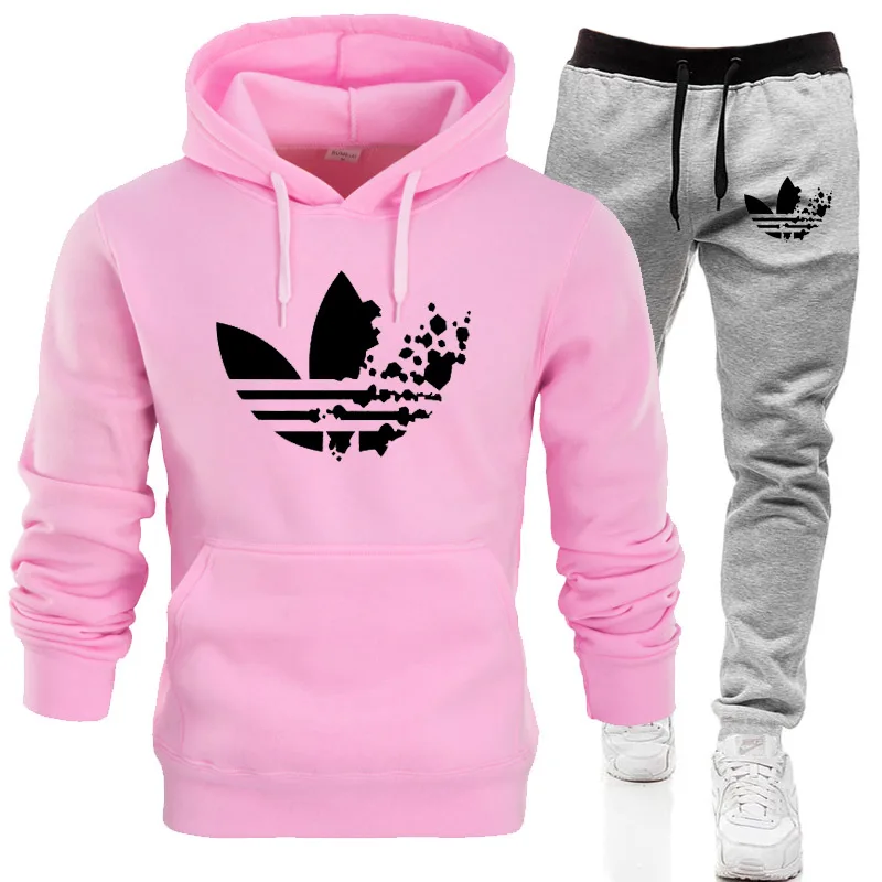 Pink Light grey H Бренд мужской свитер спортивный костюм принты термобелье мужские спортивные наборы флис плотное худи+ штаны спортивный костюм мужской - Цвет: Pink Light grey H