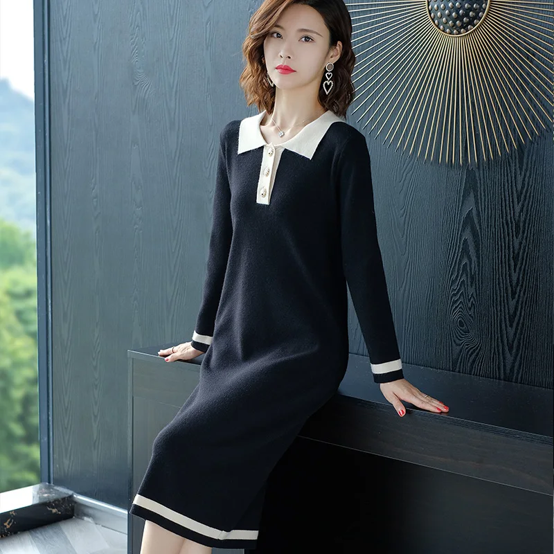 Женское длинное трикотажное платье-свитер с отложным воротником | Женская одежда