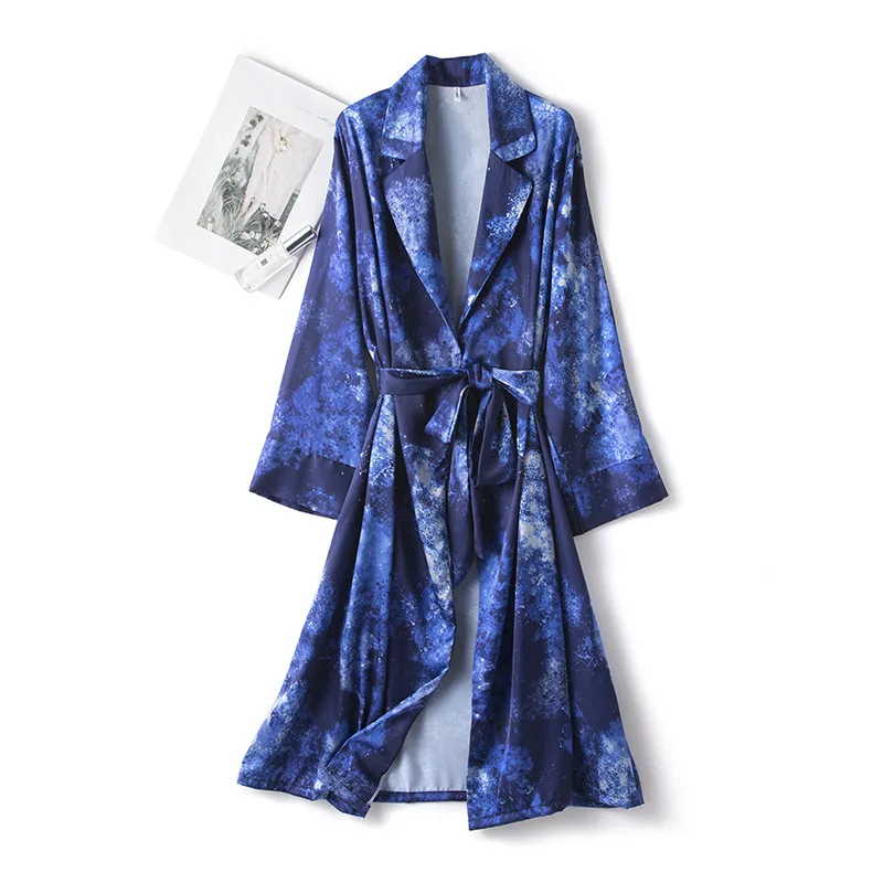 

Spring New Satin Nighty Robe Womens Kimono Sleepwear Bride Long Sleeve Sleep Bathrobe With Belt Home Wear Print V-Neck Nightgown