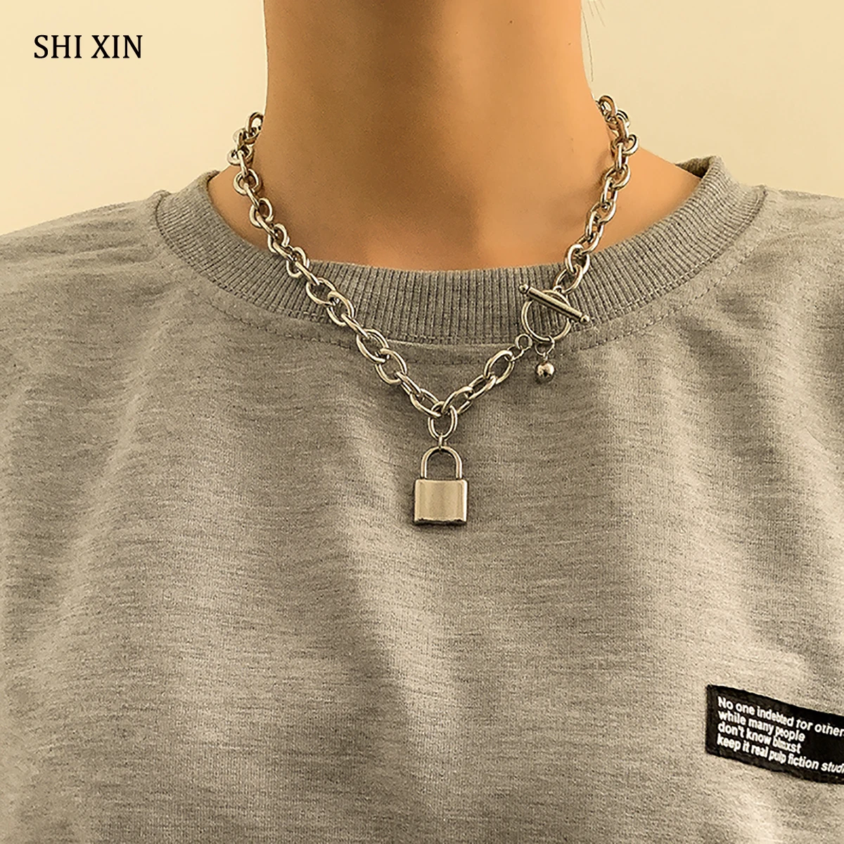 

SHIXIN Thick Stainless Steel Chain with Lock Pendants Necklace for Women Trendy Padlock Choker Necklaces on Neck Jewelry Fashion