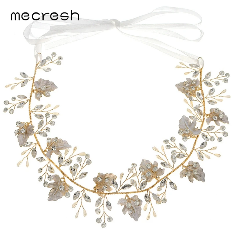 

Mecresh Handmade Princess Crystal Wedding Hair Accessories Leaf Branch Headband Bridal White and Gold color Hair Ornaments TS110