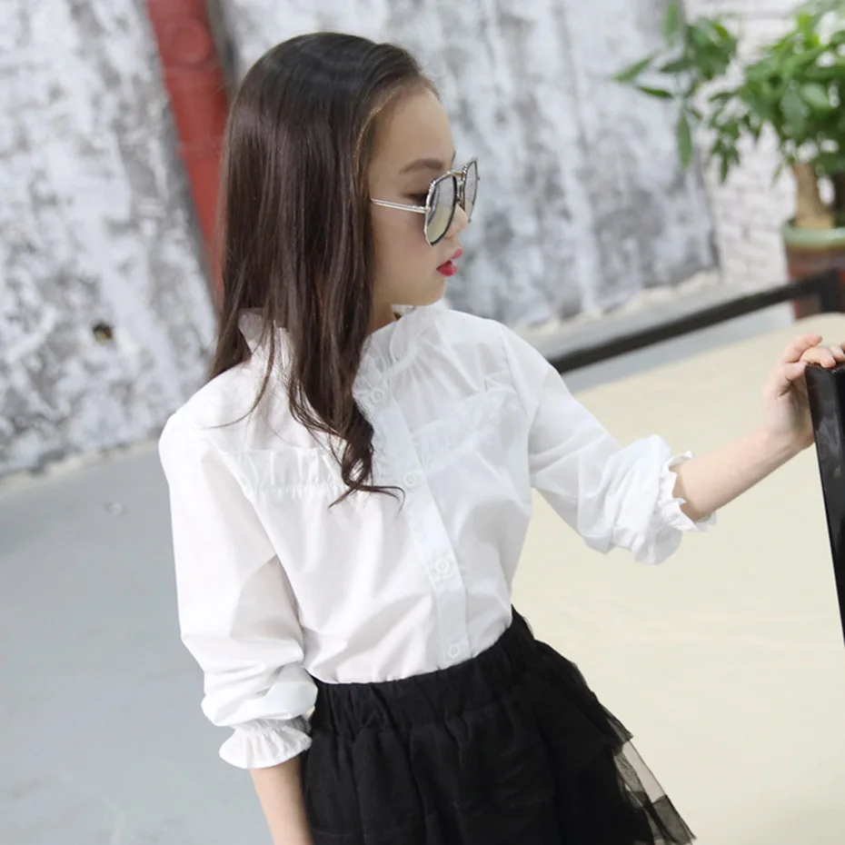 Блузка для девочек однотонная белая блузка с оборками рубашки длинными рукавами