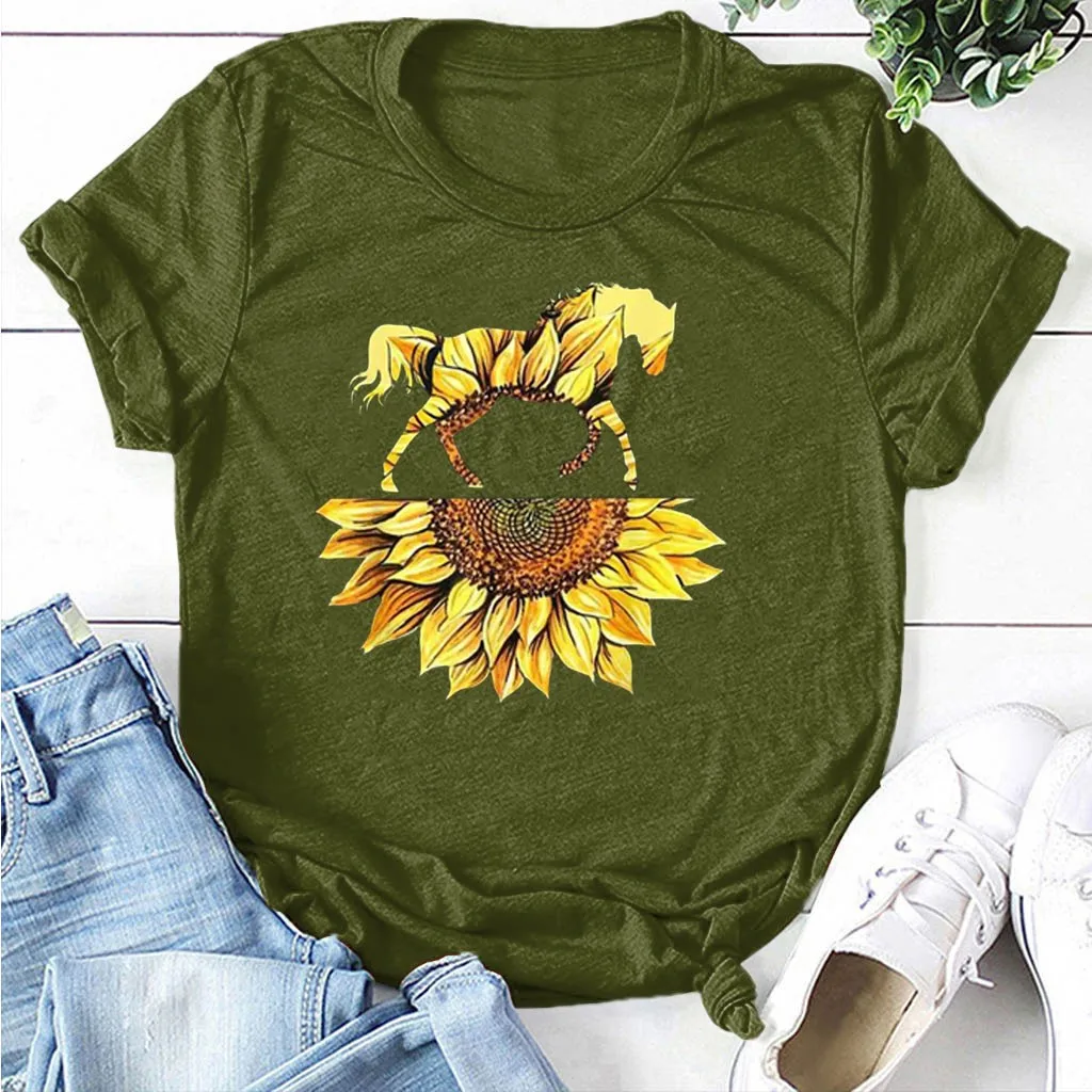 CHAMSGEND женская летняя футболка с принтом подсолнуха лошади 2020 коротким рукавом и