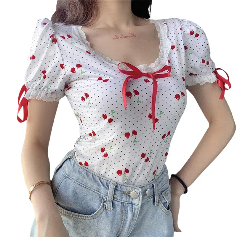 Women Summer Bodysuit Tops, Cherry Dot Print O-Neck Short Sleeves High Waist Playsuit with Crotch Button for Girls