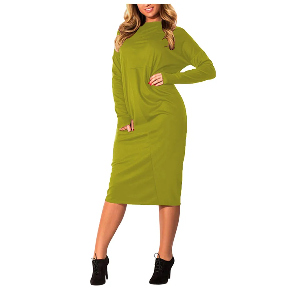 Women Solid slim Dress Ladies Basic Long Sleeve Sexy Winter Autumn Warm Dresses Fashion Round Neck 2019 new | Женская одежда