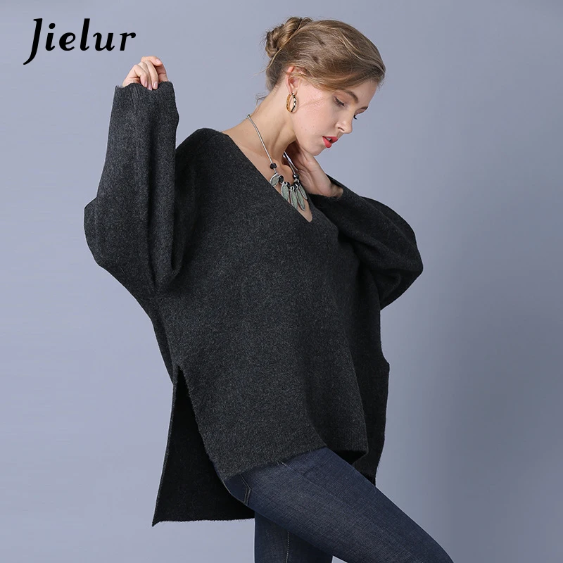Jielur Europe Solid Color Women's Sweater Loose Split Knitted Pullovers Batwing Sleeve V-neck Simple Tops Jersey Mujer Invierno | Женская