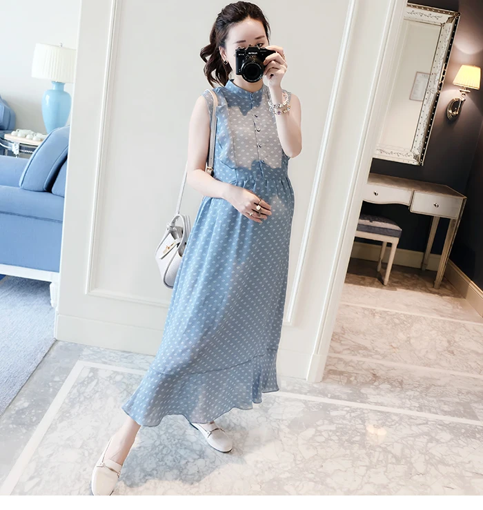 Новое платье без рукавов в горошек длинное летнее Одежда для беременных Платья
