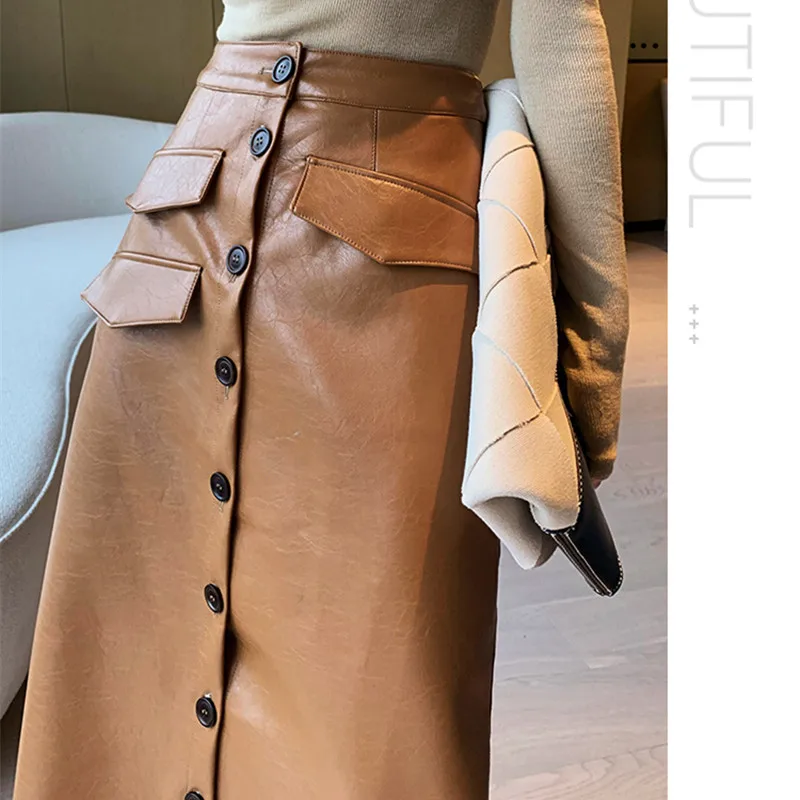 

2019 PU leather skirt high waist bag hip skirt female was thin and irregular A-shaped leather skirt British wind leather skirt
