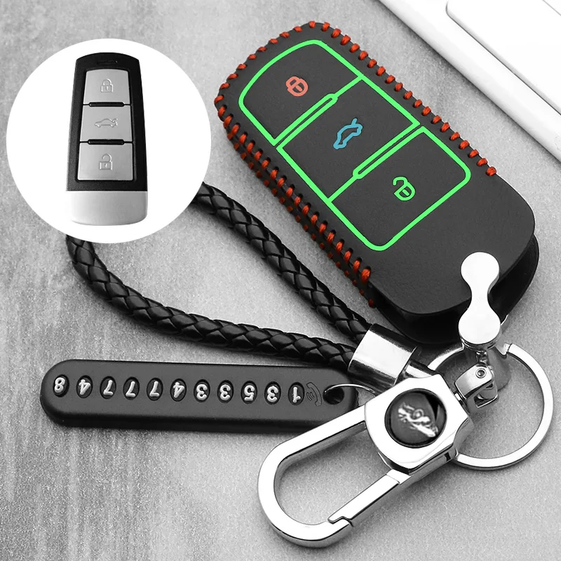

3 Button Luminous leather Car Remote Key Fob Shell Cover Case For VOLKSWAGEN CC VW Passat B6 3C B7 Skin Holder Protector