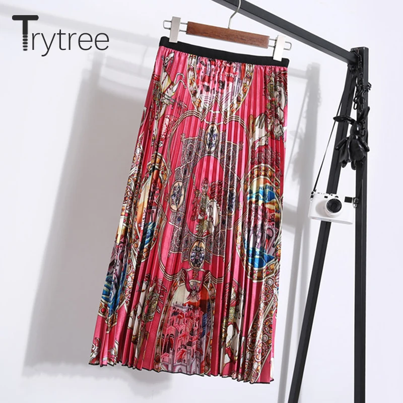 Trytree 2019 осенне зимняя женская повседневная юбка с принтом красная плиссированная