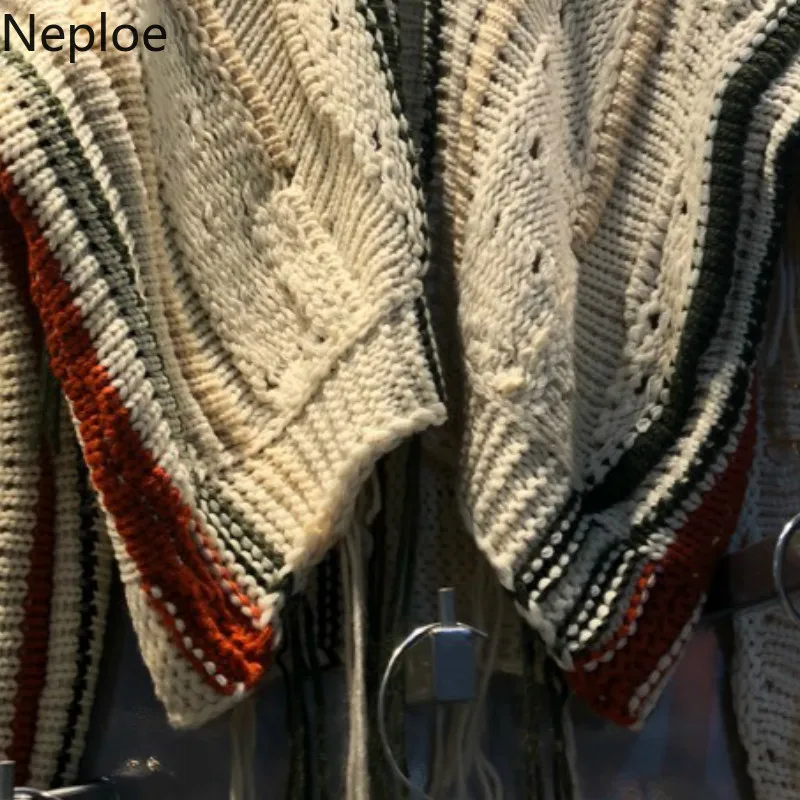 Neploe, корейский дизайн, v-образный вырез, пэчворк, толстый, Pull Femme, Elagant, вязаный свитер с кисточками, женский осенне-зимний пуловер, 46473