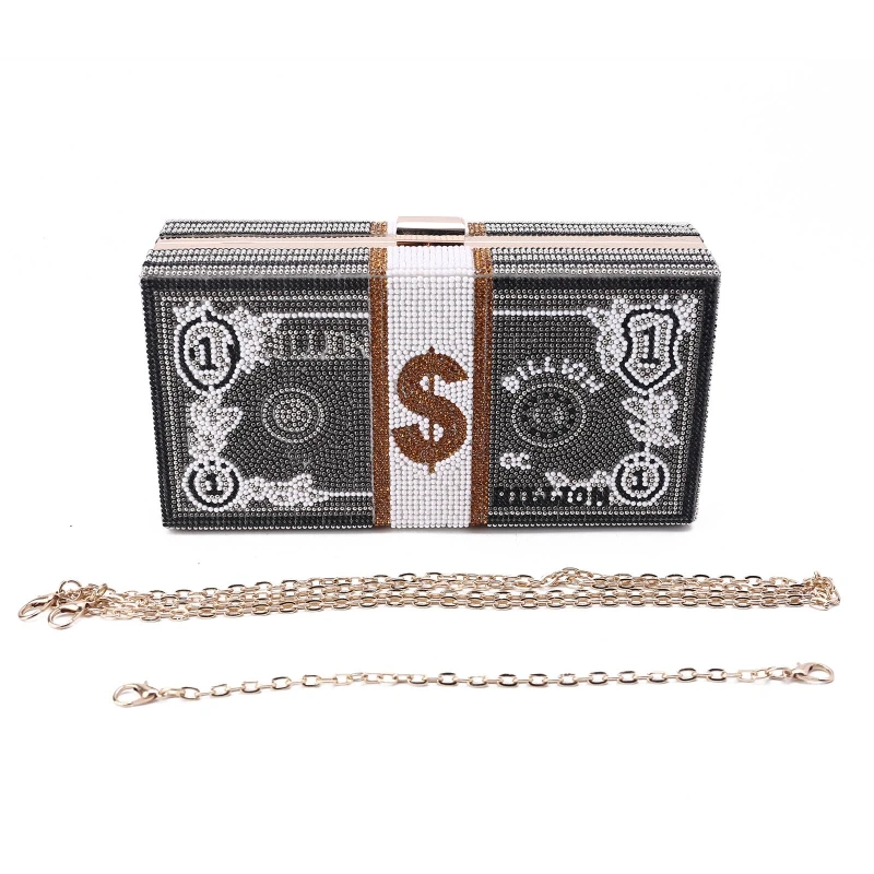 

Money Clutch Rhinestone Purse 10000 Dollars Stack of Cash Evening Handbags Shoulder Bag