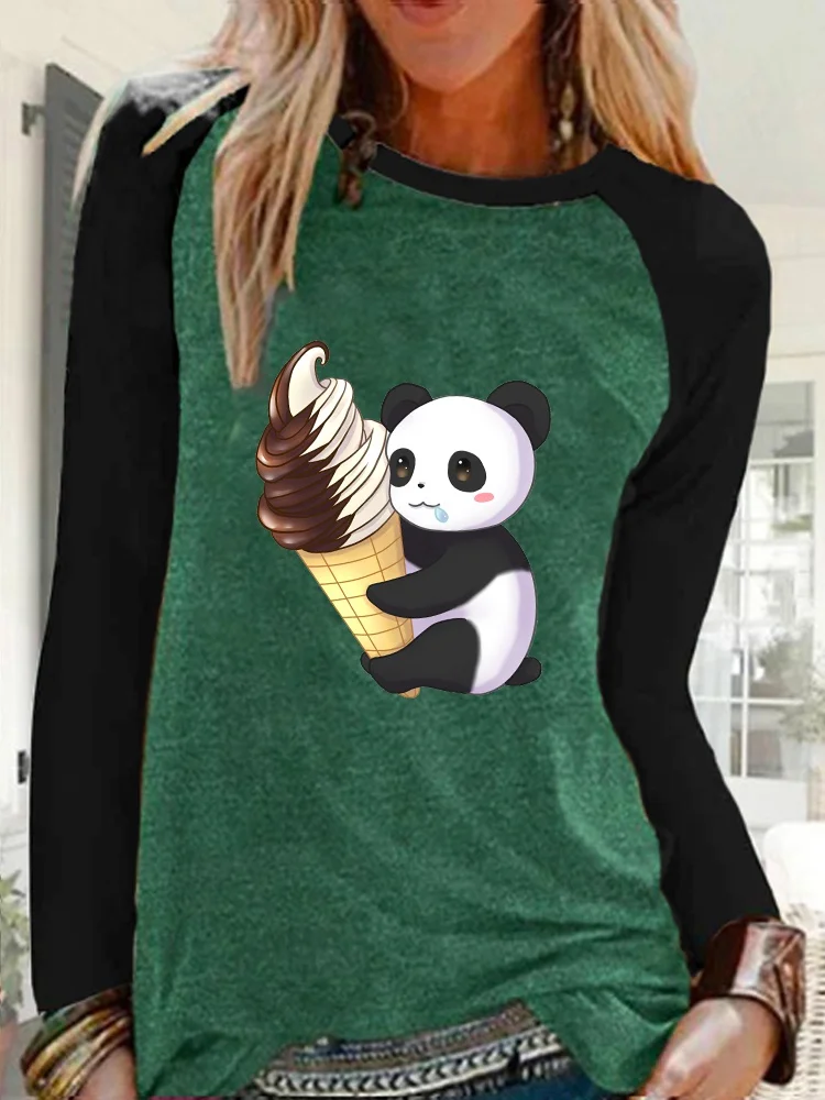 Женская рубашка с длинным рукавом круглым вырезом и принтом панды размера плюс -