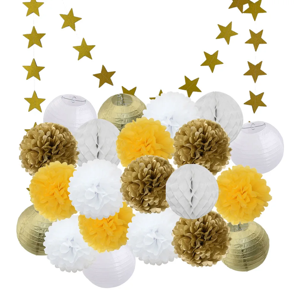 Gold dark yellow Set Лидер продаж 22 шт./компл. золото/черный/белая Круглая Бумажная Фонари Выпускной 50th День рождения одолжение рождественское год висит Изделия из бумаги - Color: Gold dark yellow Set