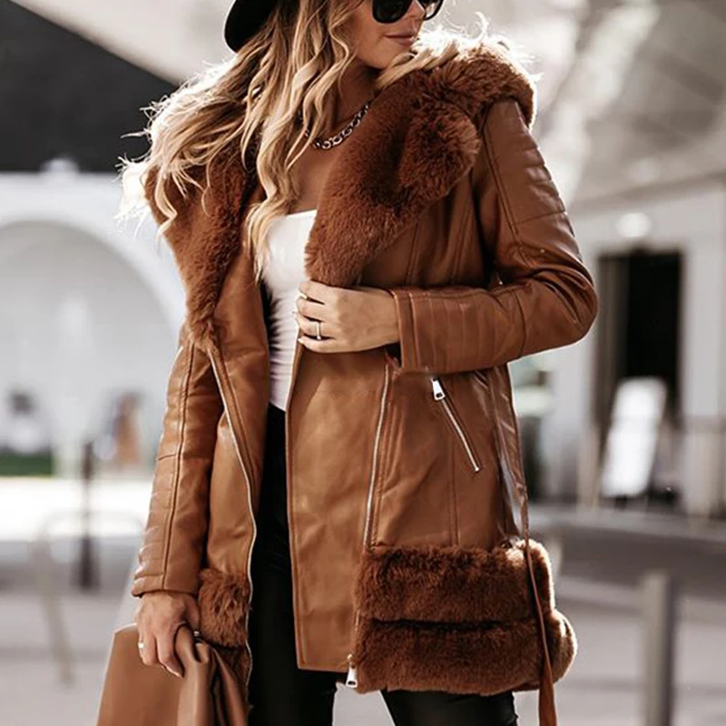

Fur Turn Down Collar Jackets Women Fashion PU Leather Zipper Coats Women Elegant Tie Belt Jackets Female Ladies