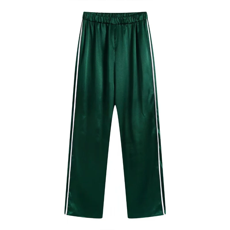 

Women Autumn Casual Loose Straight Pants 2021 Elastic waist Patchwork Satin Female Fashion Street Full Length Pant Trousers