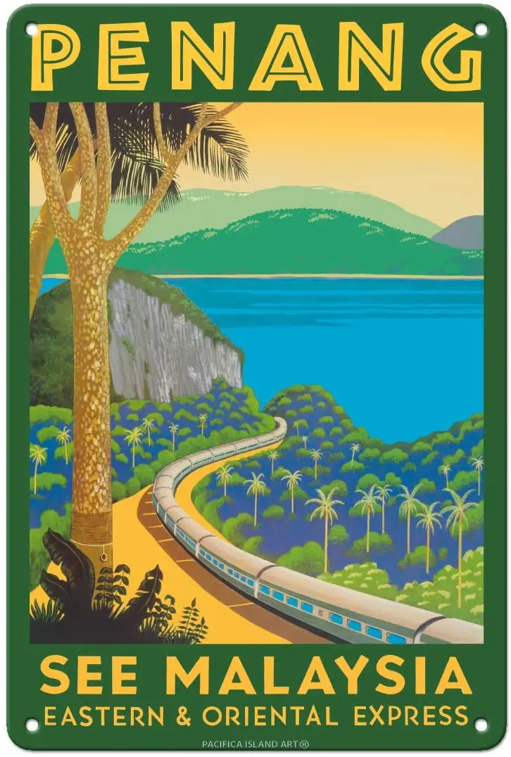 

Island Art Penang, Malaysia - Eastern & Oriental Travel Poster C.1950s - 8in X 12in Vintage Metal Tin Sign