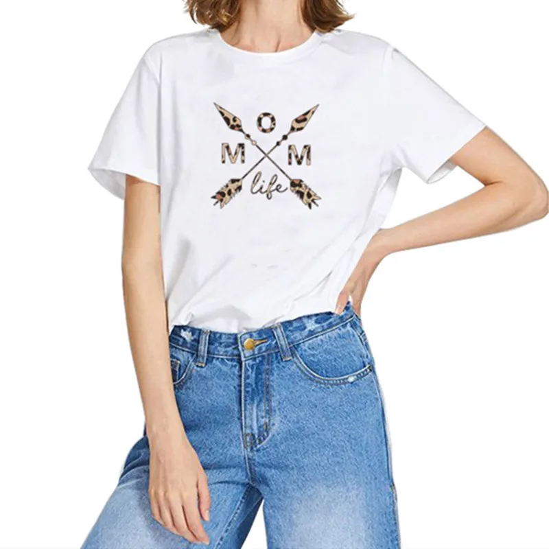

Women Leopard Mom Life Crew Neck Soft Casual Aesthetic Short Sleeve Tee Letters Floral Graphics Summer Top T-Shirt