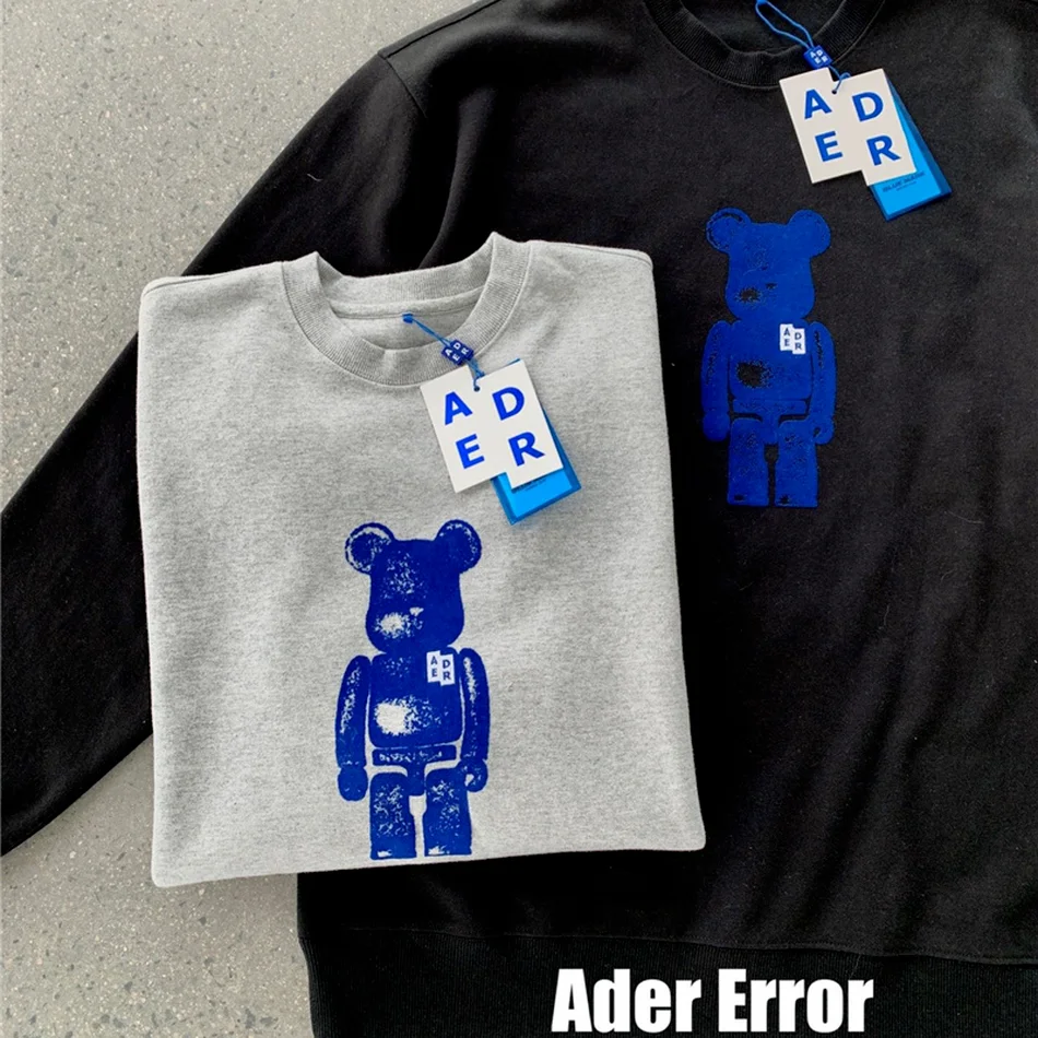 

2021ss Flocking ADER ERROR Sweatshirts Men Women 1:1 Blue Cartoon Bear Logo Adererror Crewneck Cooperation Hoodie