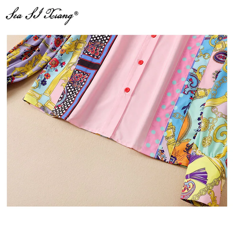 Seasixiang-Conjunto de dos piezas formado por Top y falda, camisa con cuello vuelto, para mujer