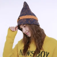 autumn and winter womens new button wood ear knitted wool mixed color hat fashion warm and windproof pointed hat
