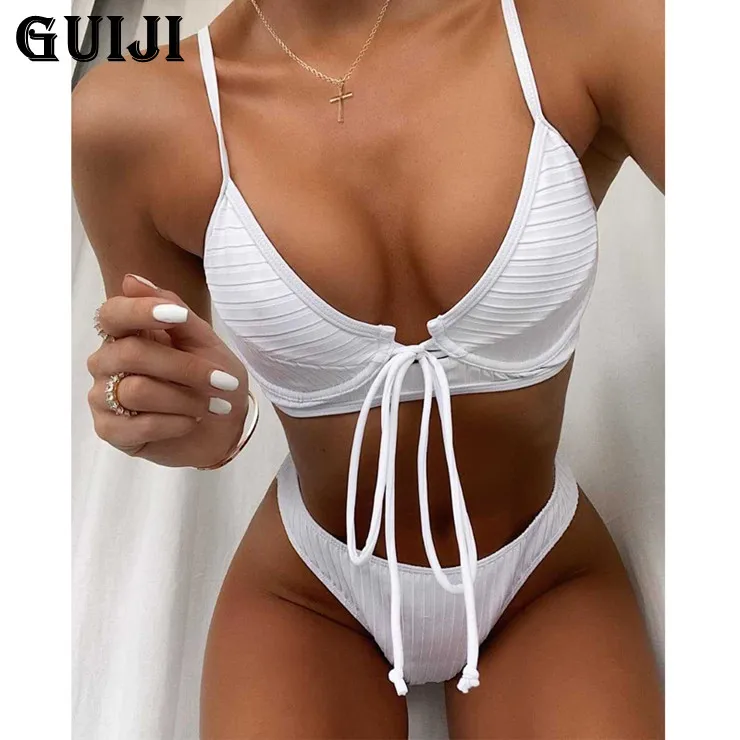 

【GUIJI】Ready Stock 2021 Sexy bikini strap solid color swimwear women's swimsuit suspender swimsuit beachwear free shipping