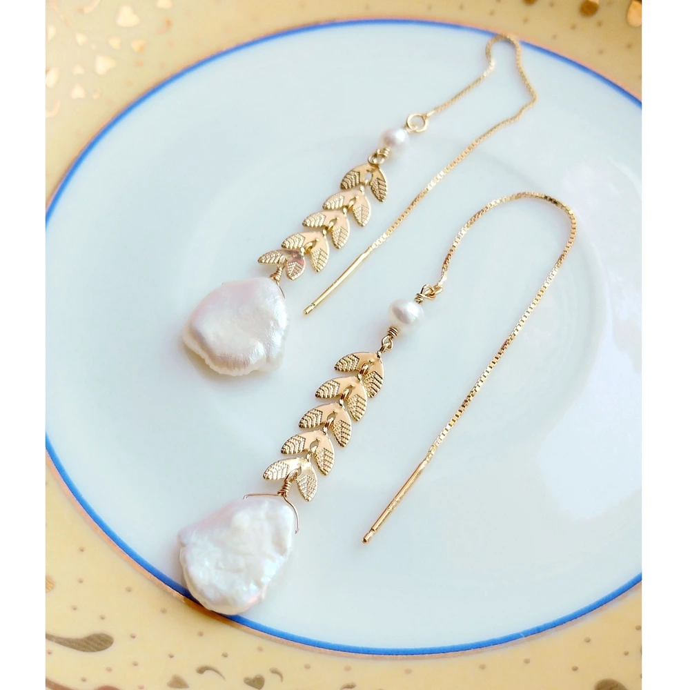 

Lii Ji Baroque Pearl leaves S925 Sterling Silver 18K Gold Plated Ear line Earrings Delicate Jewelry For Women