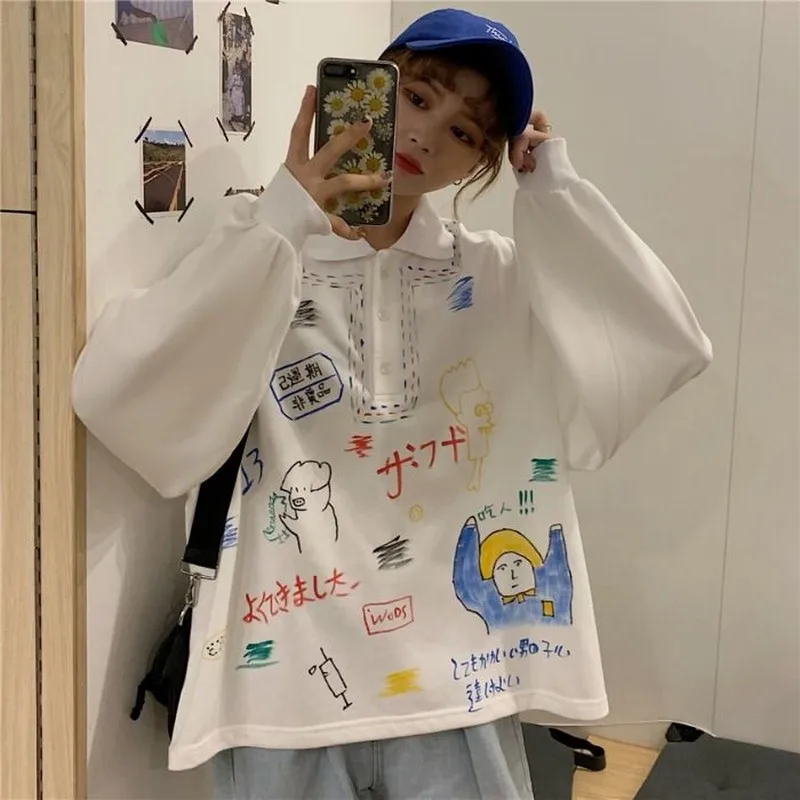 Свитшоты для девочек с рисунком в Корейском стиле Харадзюку Свободный свитшот