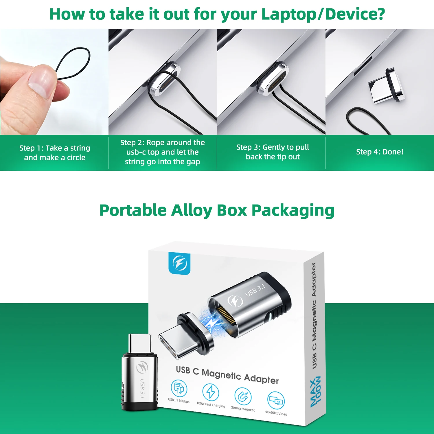 Магнитный USB C адаптер PD 100 Вт USB3.1 24Pin Быстрая зарядка 10Gbp/s Синхронизация данных Тип