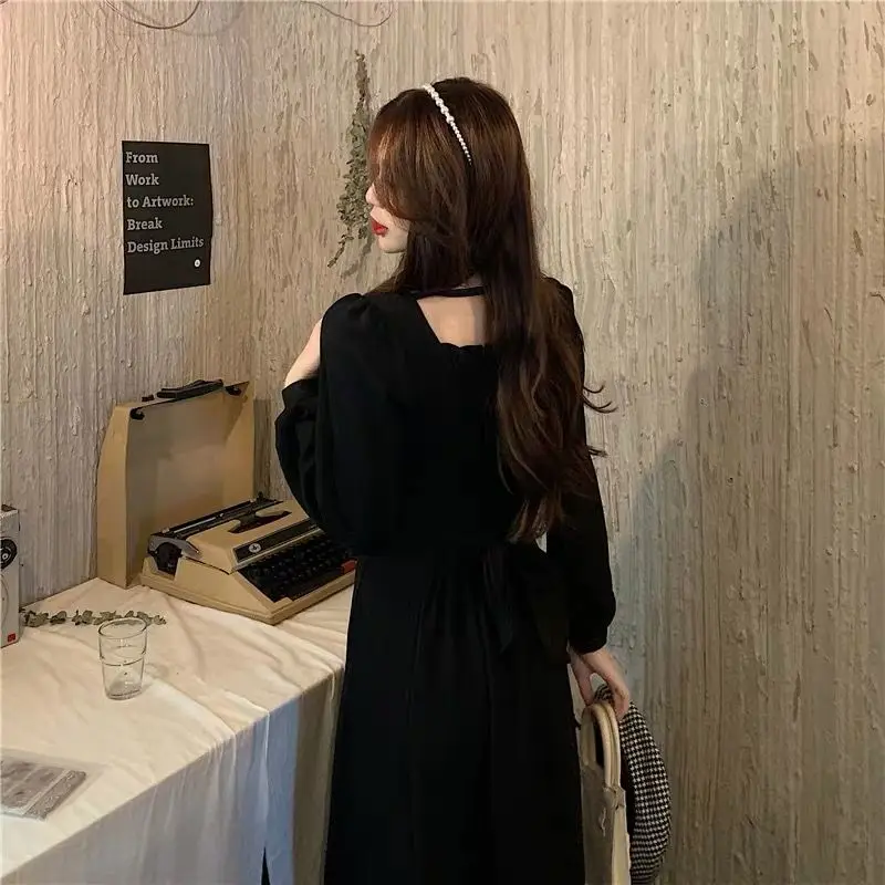 Элегантное Длинное платье во французском стиле с длинным рукавом Черное женское