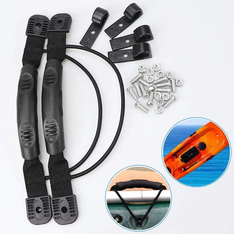 

4 Pcs Kayak Handles Hardwares Black Marine Side Mount Carry Handles Paddle Park Rubber Handles Bungee Cord and J Hooks with Scre