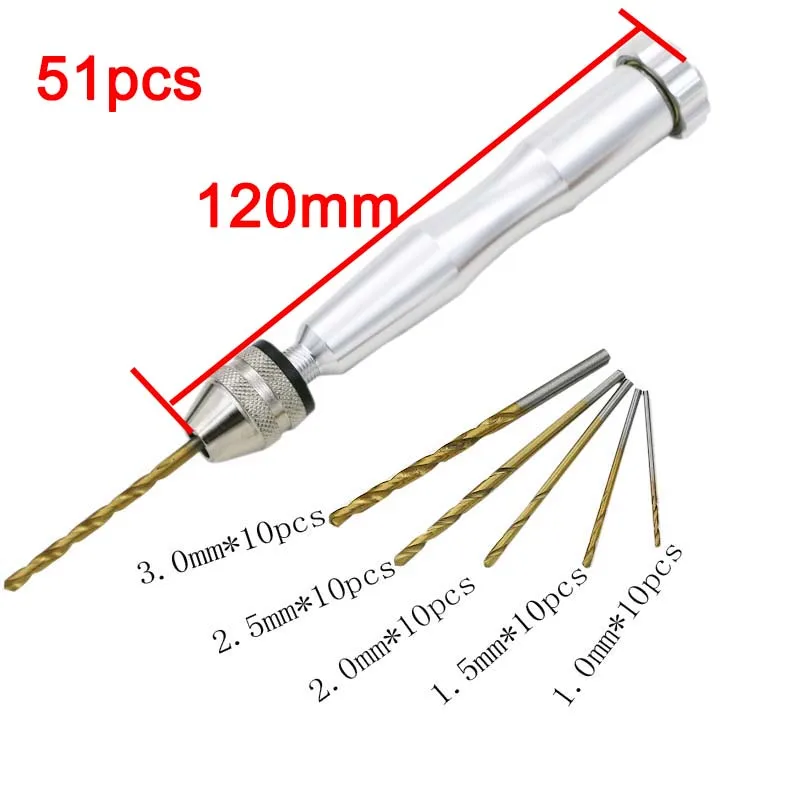 Мини алюминиевая ручная дрель с быстрозажимным патроном + 50 титановых сверл