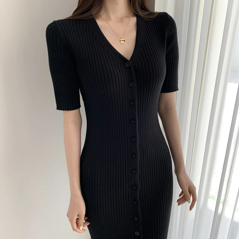 

ZAWAHIKI Korean Vintage Elegant Knitted Dress Women V Neck Short Sleeve Single Breasted Sexy Slim Bodycon Dress Solid Long Dress