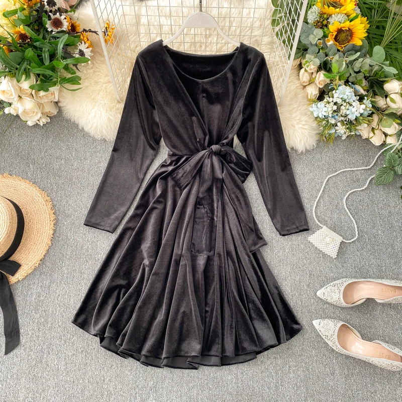 Korobov корейское однотонное элегантное бархатное платье с длинными рукавами