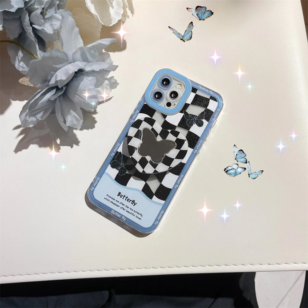 

Fashion Checkerboard Heart Butterfly Mirror Bracket Phone Case For IPhone 12 11 Pro Xs Max X Xr 7 8 Plus Se Anti-fall Back Cover