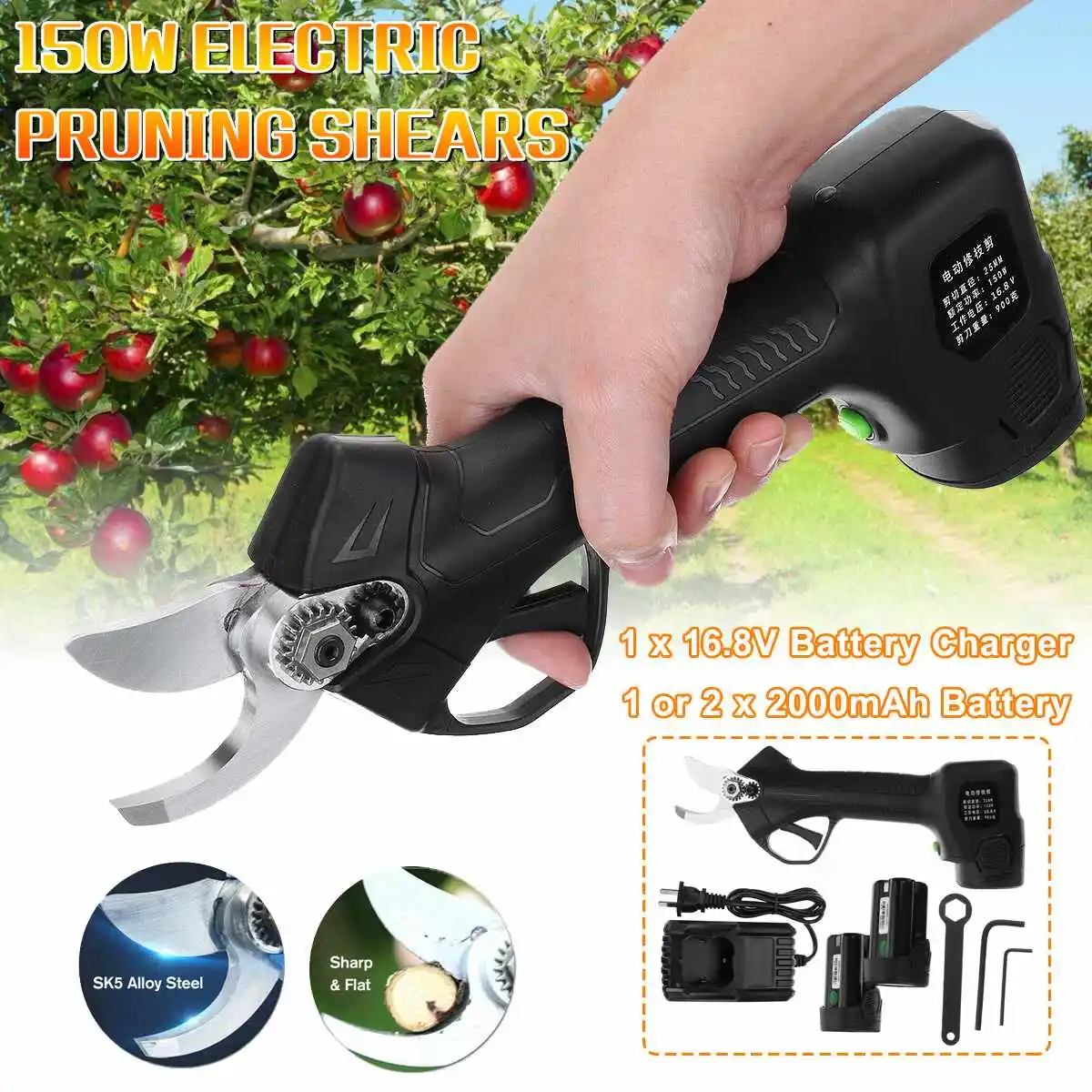 

150W Cordless Electric Pruning Shears Secateur Rechargeable Pruning Scissors 25mm Pruners Garden Cutting Tools With 2 Batteries