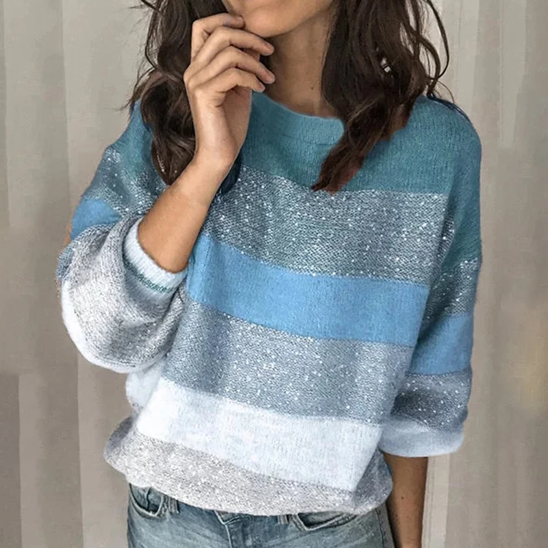 Женский трикотажный свитер с круглым вырезом длинным рукавом | Женская одежда