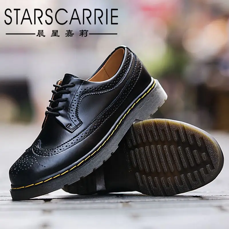 

3989 couple shoes men's low-top 5-hole leather broch engraved female round head lovers thick bottom England