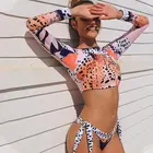 Купальник с леопардовым принтом, бикини с высоким воротом, комплект бикини, бандажные купальники, бикини с длинным рукавом, женский купальный костюм, пляжная одежда, 2021