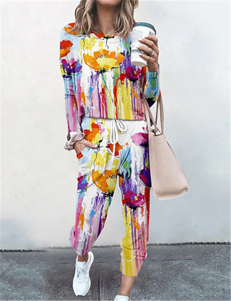 

Базовая уличная одежда для женщин, повседневный/повседневный комплект из двух предметов с цветочным принтом для отпуска, штаны с круглым вы...